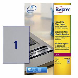 Avery ultra-sterke zilverkleurige etiketten ft 210 x 297 mm, 20 stuks