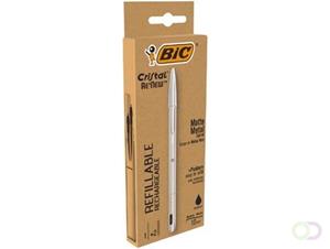 Bic balpen Cristal Re-new, zilveren lichaam, zwarte inkt, doos met 1 stuk en 2 navullingen