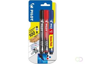 Pilot permanent marker 100, blister met 3 stuks (2 + 1 GRATIS) in geassorteerde kleuren