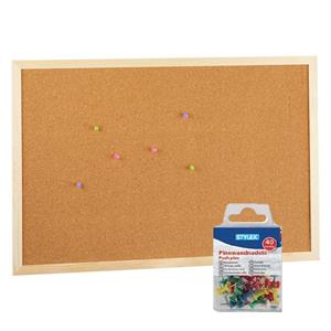 Prikbord/memobord Naturel Kurk Inclusief 40 Gekleurde Punaises 60 X 40 Cm