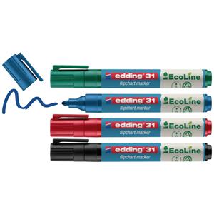 edding 31/4S Ecoline flipchartmarker set - assorti 4 stuks: zwart, rood, blauw, groen - 1,5-3mm