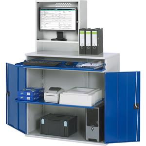 RAU Computer-werkstation, monitorbehuizing, 1 uitschuifbaar legbord, breedte 1100 mm, lichtgrijs / gentiaanblauw