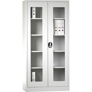 Wolf Vleugeldeurkast met E-slot, met vensterdeuren, lichtgrijs/lichtgrijs