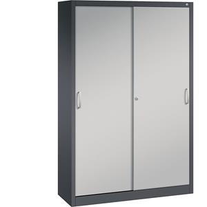 C+P ACURADO schuifdeurkast, 3 legborden, 2 lockers, h x b x d = 1950 x 1200 x 400 mm, zwartgrijs / blank aluminiumkleurig