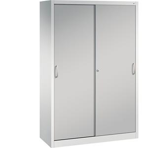 C+P ACURADO schuifdeurkast, 3 legborden, 2 lockers, h x b x d = 1950 x 1200 x 500 mm, lichtgrijs / blank aluminiumkleurig