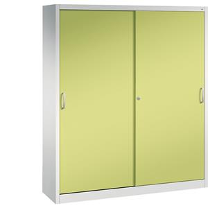 C+P ACURADO schuifdeurkast, 6 legborden, 2 lockers, h x b x d = 1950 x 1600 x 400 mm, lichtgrijs/felgroen