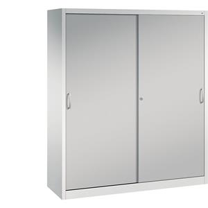 C+P ACURADO schuifdeurkast, 6 legborden, 2 lockers, h x b x d = 1950 x 1600 x 500 mm, lichtgrijs / blank aluminiumkleurig