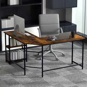 costway 138cm L-Vormig Computerbureau Hoekbureau voor Thuiskantoor Bureau met Metalen Frame Verwijderbare Plank Bruin/Natuurlijke