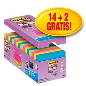 Post-it Super Sticky Z-Notes, ft 76 x 76 mm, geassorteerde kleuren, 90 vel, pak van 14 + 2 gratis