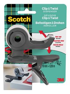 Scotch clip & twist plakbandafroller inclusief 1 rol Scotch Magic tape, houtskool grijs