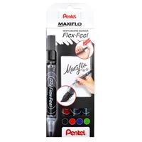 Whiteboard marker Pentel Maxiflo Flex-Feel, ronde punt met variabele lijndikte, pompsysteem, kleurgesorteerde set van 4 met houder, magneet & sponsje
