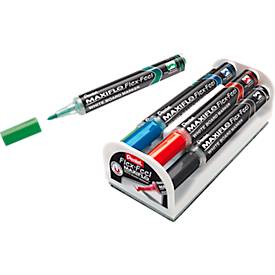 Whiteboard marker Pentel Maxiflo Flex-Feel, ronde punt met variabele lijndikte, pompsysteem, kleurgesorteerde set van 4 met houder, magneet & sponsje