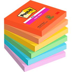 Post-it Super Sticky Notes Playful, 90 vel, ft 76 x 76 mm, geassorteerde kleuren, pak van 6 blokken