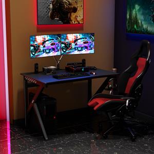 costway Gamingtafel 115 cm K-vormige Gamingtafel met Hoofdtelefoonhaak en Bekerhouder en Kabelbeheer met Verstelbare Voeten Staal