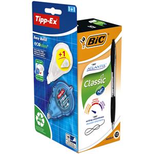 Bic Atlantis Classic Intrekbare Balpennen Medium 0.32 mm Zwart Pak van 12 en 1 Easy Tipp-ex met navulling