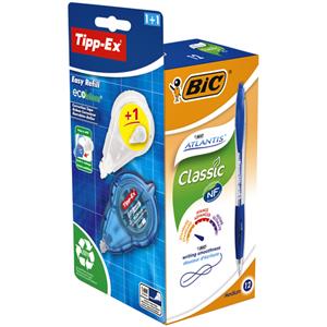 Bic Atlantis Classic Intrekbare Balpennen Medium 0.32 mm Blauw Pak van 12 en 1 Easy Tipp-ex met navulling