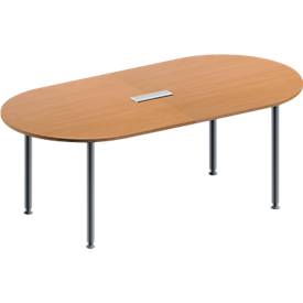 Schäfer Shop Genius Vergadertafel MODENA FLEX, in hoogte verstelbaar, 3-voudige contactdoos, ovale vorm, 4-poot ronde buis, 2000 x 1000 mm, beukenpatroon