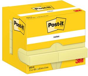 Post-It Zelfklevende memoblaadjes 653-E 38 x 51 mm 100 Vellen per blok Geel Pak van 12