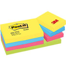 Post-It Zelfklevende memoblaadjes 653-TFEN 38 x 51 mm 100 Vellen per blok Blauw, geel, groen, roze Pak van 12