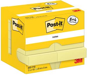 Post-It Zelfklevende memoblaadjes 653-Y12 38 x 51 mm 100 Vellen per blok Geel Pak van 12 (8+4 gratis)