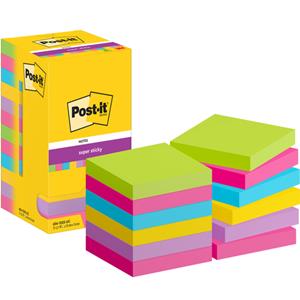 Post-It Super Sticky Notes 654-12SS-UC 76 x 76 mm 90 Vellen per blok Blauw, geel, groen, paars, roze Vierkant Effen Pak van 12