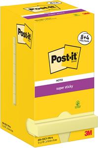 Post-It Super Sticky Notes 654-SSCY 76 x 76 mm 90 Vellen per blok Geel Vierkant Effen Pak van 12 (8+4 gratis)