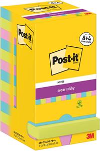Post-It Super Sticky Notes 654-SSCOS 76 x 76 mm 90 Vellen per blok Blauw, groen, roze Vierkant Effen Pak van 12 (8+4 gratis)
