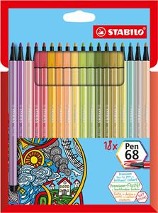 STABILO Pen 68 viltstift, kartonnen etui van 18 stuks in geassorteerde zachte kleuren