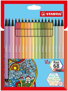 STABILO Pen 68 viltstift, kartonnen etui van 18 stuks in geassorteerde zachte kleuren