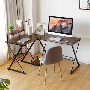 costway L-Vormig Hoekbureau 147 cm x 112 cm Computer Gaming Bureau met Monitor Standaard en Host Lade Walnoot