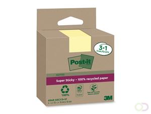 Post-it Super Sticky Notes Recycled, 70 vel, ft 76 x 76 mm, geel, 3 + 1 GRATIS