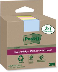 Post-it Super Sticky Notes Recycled, 70 vel, ft 76 x 76 mm, assorti, 3 + 1 GRATIS