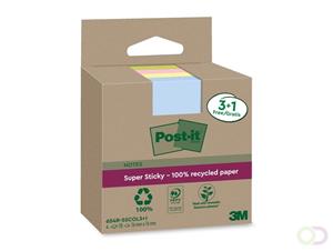 Post-it Super Sticky Notes Recycled, 70 vel, ft 76 x 76 mm, assorti, 3 + 1 GRATIS