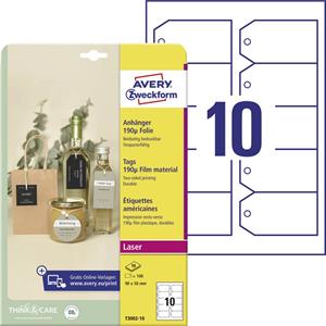 Avery Zweckform T3002-10 Etiketten (A4) 90 x 50 mm #####Polyester Wit 100 stuk(s) Niet hechtend #####Anhänger-Etiketten