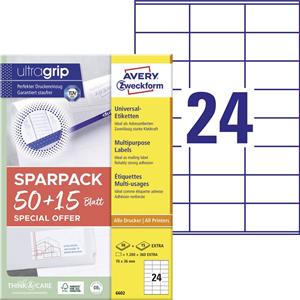 Avery-Zweckform 6602 70 x 36mm Papier Weiß 1560 St. Permanent Universal-Etiketten Laser 65 Blatt DI