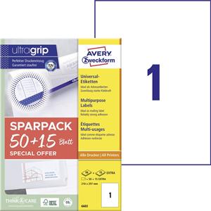 Avery-Zweckform 6603 210 x 297 mm Papier Wit 65 stuk(s) Permanent hechtend Universele etiketten Laser 65 vel DIN A4