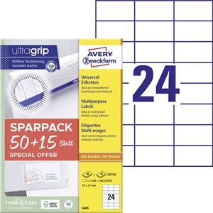 Avery-Zweckform 6605 70 x 37mm Papier Weiß 1560 St. Permanent Universal-Etiketten Laser 65 Blatt DI