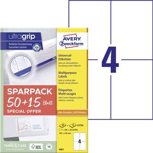 Avery-Zweckform 6601 105 x 148mm Papier Weiß 260 St. Permanent Universal-Etiketten Laser 65 Blatt D