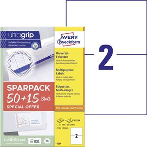 Avery-Zweckform 6604 210 x 148 mm Papier Wit 130 stuk(s) Permanent hechtend Universele etiketten Laser 65 vel DIN A4