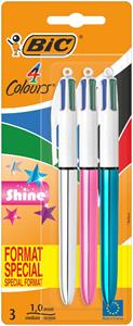 Bic 4 Colours Shine balpen, medium, blister van 3 stuks