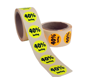 40% Kortingsstickers, Fluor Geel, 500 Stickers