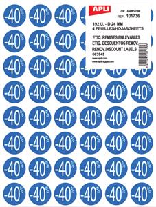 Apli Agipa Kortinglabel -40%, blauw, pak van 192 stuks, verwijderbaar