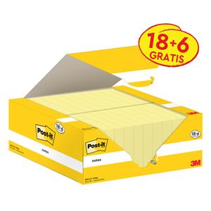 Post-it Notes, 100 vel, ft 38 x 51 mm, kanariegeel (canary yellow), 18 blokken + 6 GRATIS