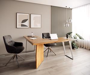DELIFE Schreibtisch Live-Edge 170x170 Akazie Natur Gestell Silber Baumkante