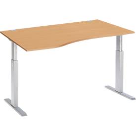 Schäfer Shop Select ERGO-T bureau, elektrisch in hoogte verstelbaar, vrije vorm, aanbouw links, T-poot, B 1800 x H 725-1185 mm, decor beuken/blank aluminium