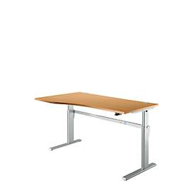Standaard bureau, elektrisch in hoogte verstelbaar, vrije vorm, bevestiging links, C-poot, B 1800 x D 1000/800 x H 725-1185 mm, beuken/blank aluminium