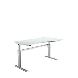 Standaard bureau, elektrisch in hoogte verstelbaar, vrije vorm, bevestiging rechts, C-poot, B 1800 x D 1000/800 x H 725-1185 mm, aluminium lichtgrijs/wit