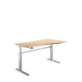 Standaard bureau, elektrisch in hoogte verstelbaar, vrije vorm, bevestiging rechts, C-poot, B 1800 x D 1000/800 x H 725-1185 mm, ahorn/blank aluminium