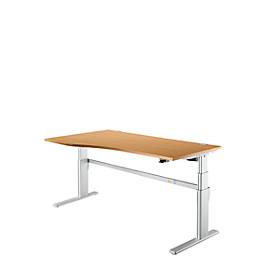 Comfortabel bureau, elektrisch in hoogte verstelbaar, vrije vorm, aanbouw links, C-voet, B 1800 x D 1000/800 x H 655-1305 mm, beuken/blank aluminium