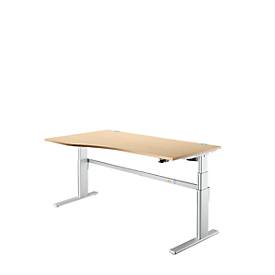 Comfortabel bureau, elektrisch in hoogte verstelbaar, vrije vorm, bevestiging links, C-poot, B 1800 x D 1000/800 x H 655-1305 mm, ahorn/blank aluminium
